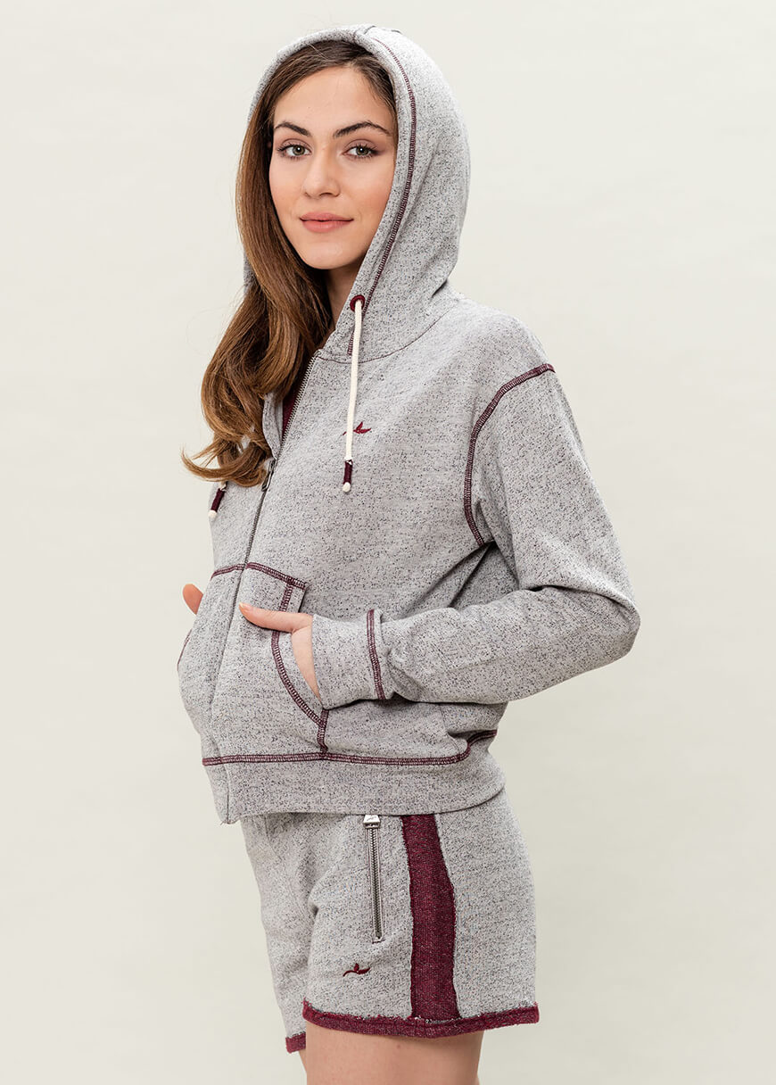Women`s Zipped Hoodie Grey Burgundy Women`s Zipped Hoodie Grey Burgundy