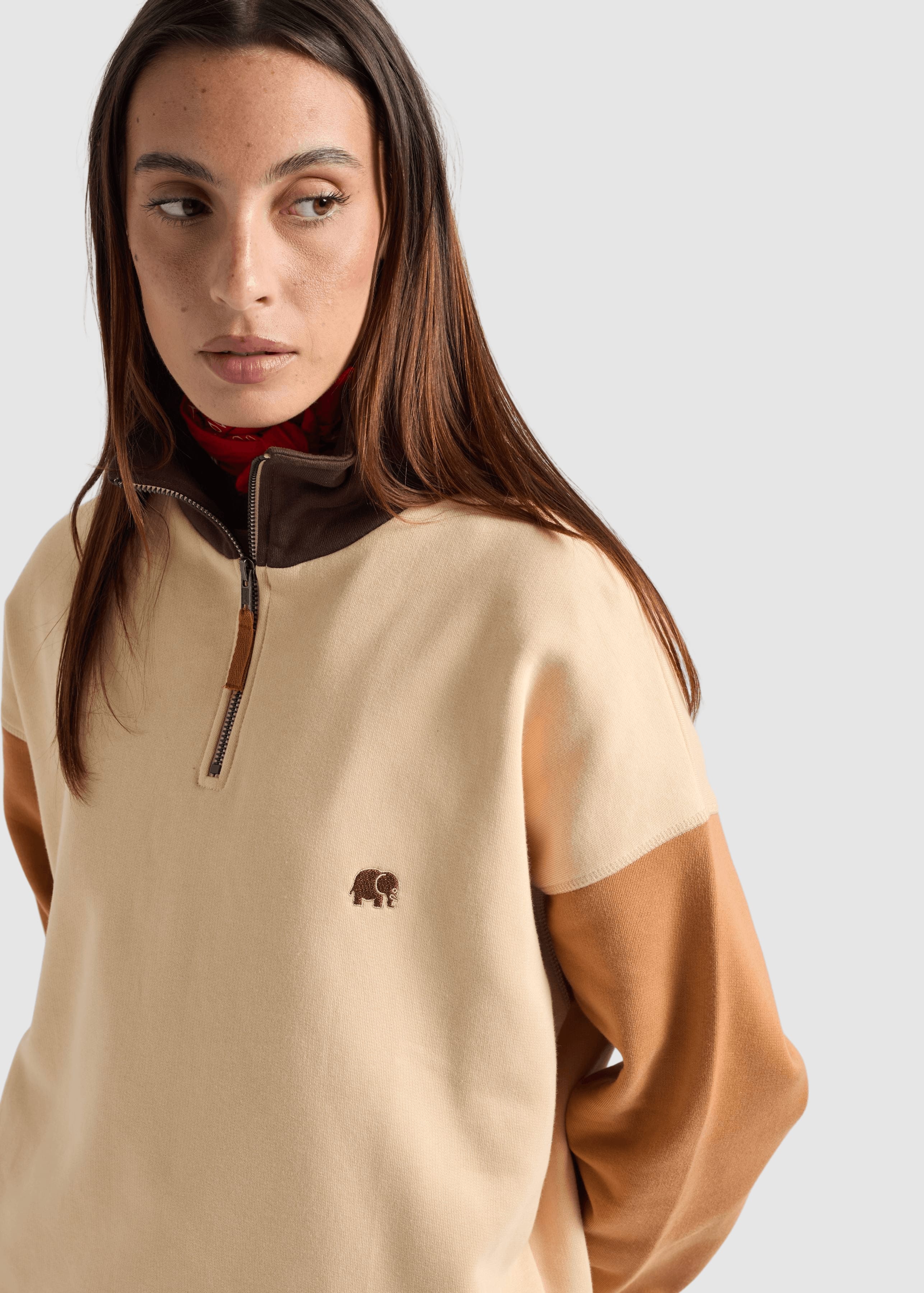Women's Color Block Quarter Zip Sweatshirt Gray Sand Brown