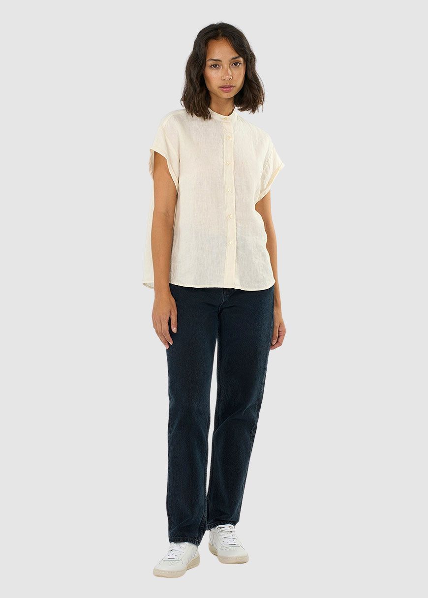 Collar Stand Short Sleeve Linen Shirt