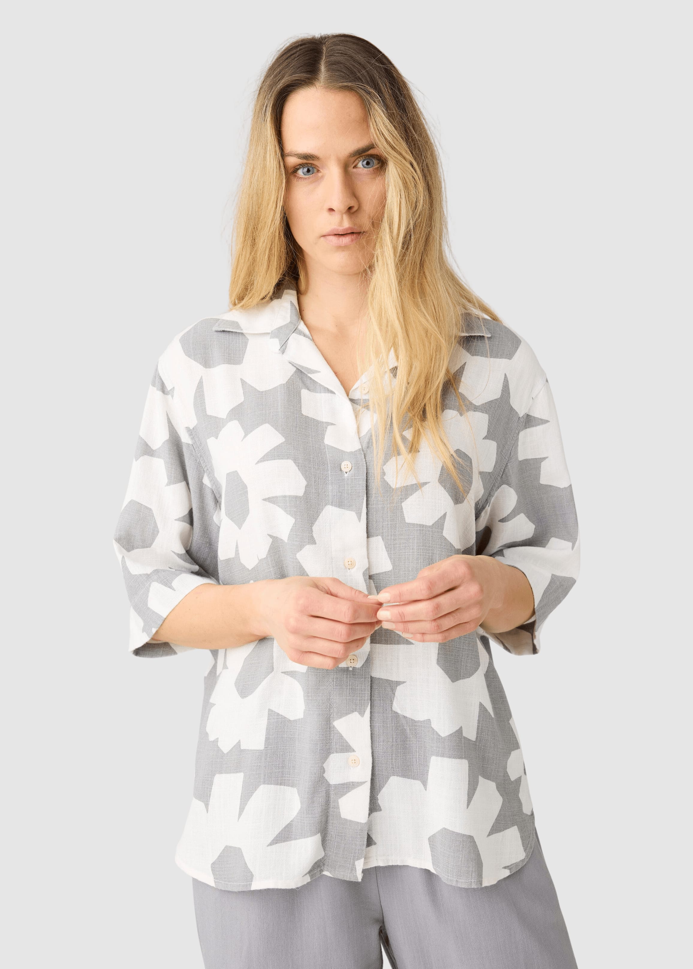 Loose Linen-MIX Print Short Sleeve Shirt Grey
