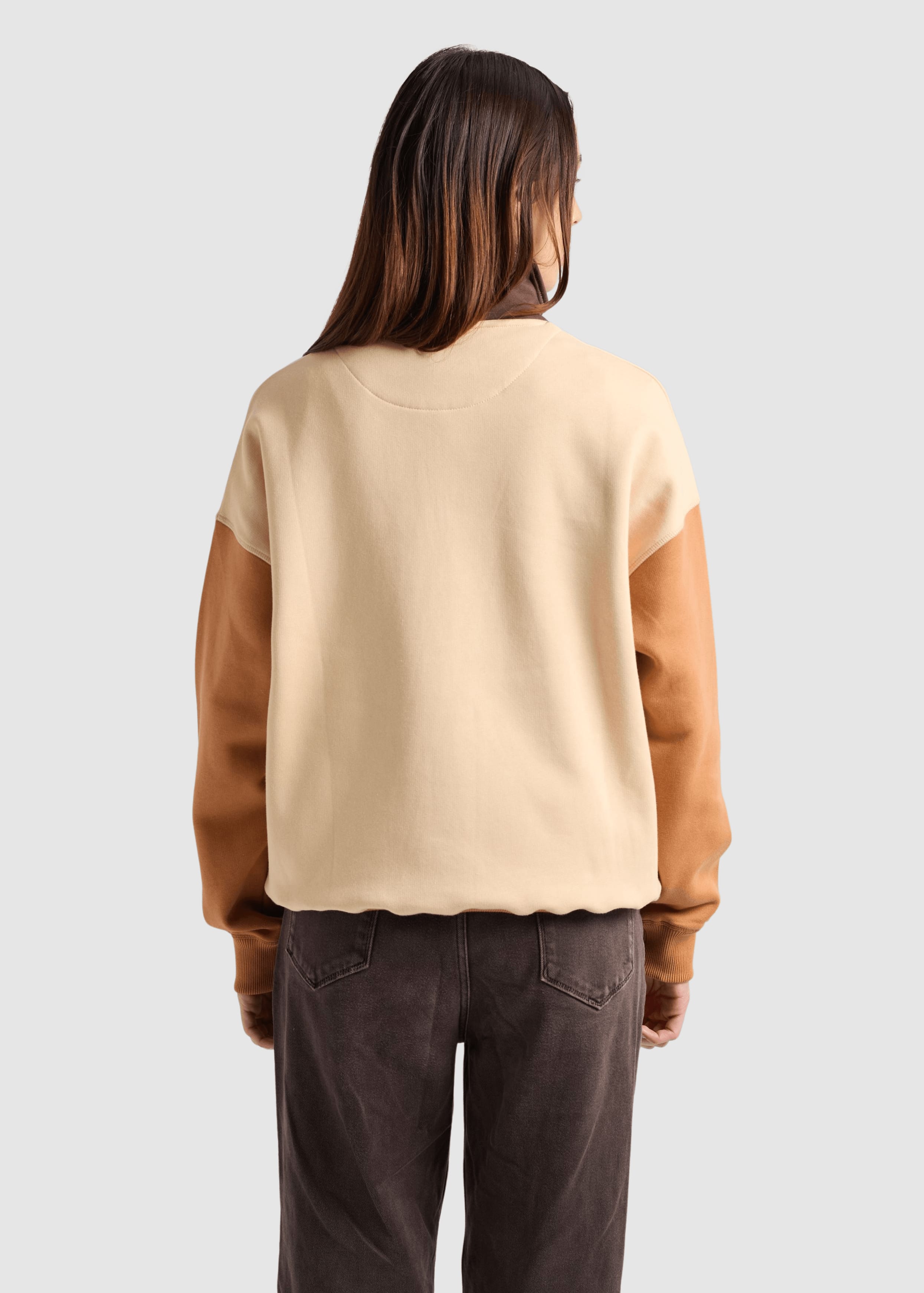 Women's Color Block Quarter Zip Sweatshirt Gray Sand Brown