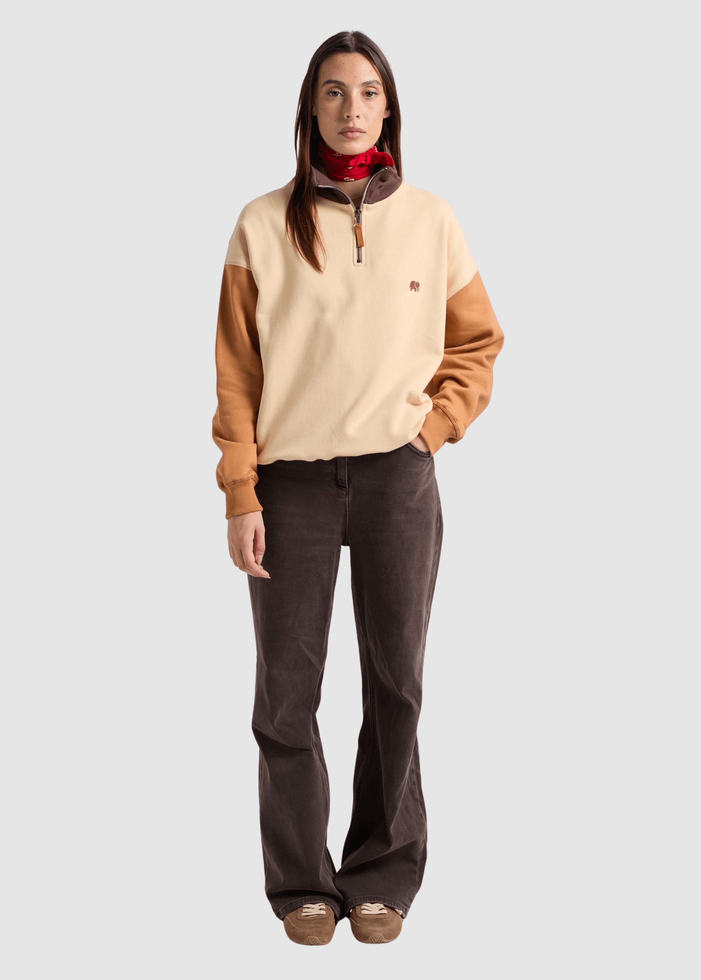 Women's Color Block Quarter Zip Sweatshirt Gray Sand Brown